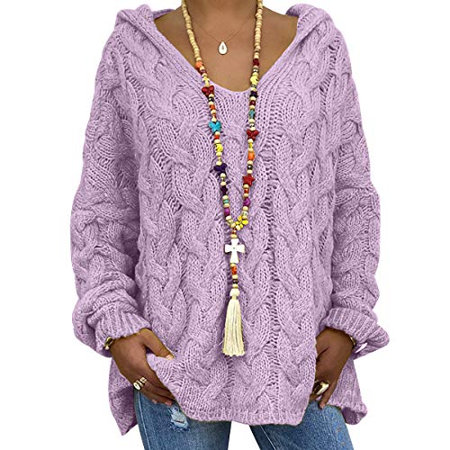 Grobstrickpullover Damen Grober Strickpullover Damen Oversize Stricken Pullover Strick Damen Zopfstrick Zopfmuster Strickpulli Hoody Pullover Hoodie Damen Pullis Frauen Kapuzenpullover Violett 2XL von Peuignao