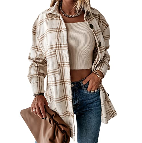Hemd Kariert Damen Karierte Hemdjacke Kariertes Hemd Damen Shacket Hemd Jacke Flanell Damen Oversized Karo Hemdjacke Damen Flannel Plaid Hemd Karriert Frauen Frühling Casual Hemd Locker Damen Beige M von Peuignao