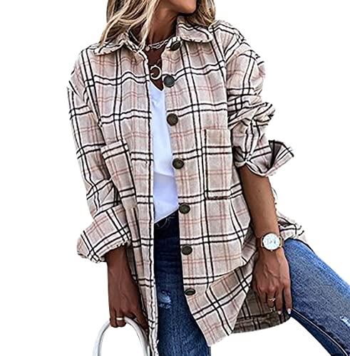 Hemd Kariert Damen Karierte Hemdjacke Kariertes Hemd Damen Shacket Hemd Jacke Flanell Damen Oversized Karo Hemdjacke Damen Flannel Plaid Hemd Karriert Frauen Frühling Casual Hemd Locker Damen Khaki M von Peuignao