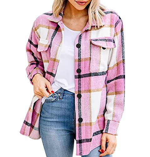 Hemd Kariert Damen Karierte Hemdjacke Kariertes Hemd Damen Shacket Hemd Jacke Flanell Damen Oversized Karo Hemdjacke Damen Flannel Plaid Hemd Karriert Frauen Frühling Casual Hemd Locker Damen Rosa L von Peuignao