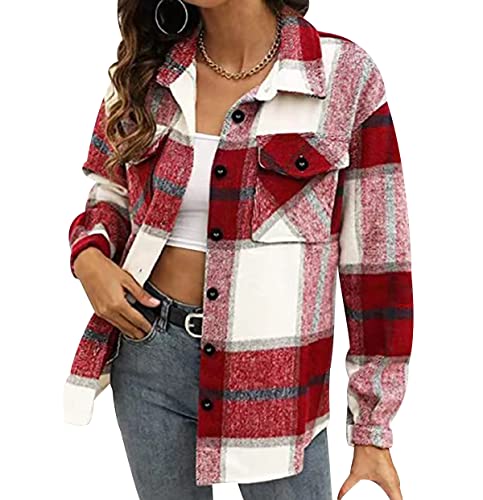 Hemd Kariert Damen Karierte Hemdjacke Kariertes Hemd Damen Shacket Hemd Jacke Flanell Damen Oversized Karo Hemdjacke Damen Flannel Plaid Hemd Karriert Frauen Frühling Casual Hemd Locker Damen Rot XXL von Peuignao
