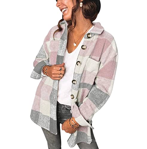 Hemd Kariert Damen Karierte Hemdjacke Kariertes Hemd Damen Shacket Hemd Jacke Flanell Damen Oversized Karo Hemdjacke Flannel Plaid Hemd Karriert Frauen Oversize Frühling Lässiges Hemd Damen Rosa S von Peuignao