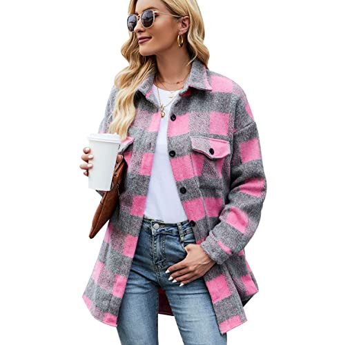 Hemdjacke Damen Kariert Kariertes Hemd Damen Shacket Hemd Jacke Flanell Damen Karierte Karo Hemdjacke Damen Flannel Plaid Hemd Karriert Frauen Frühling Vintage Casual Hemd Locker Damen Grau Rosa M von Peuignao