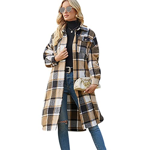 Hemdjacke Damen Kariert Lang Kariertes Hemd Damen Shacket Langes Hemd Jacke Flanell Damen Oversized Karierte Karo Hemdjacke Damen Flannel Plaid Hemd Karriert Frauen Casual Hemd Locker Damen Khaki S von Peuignao