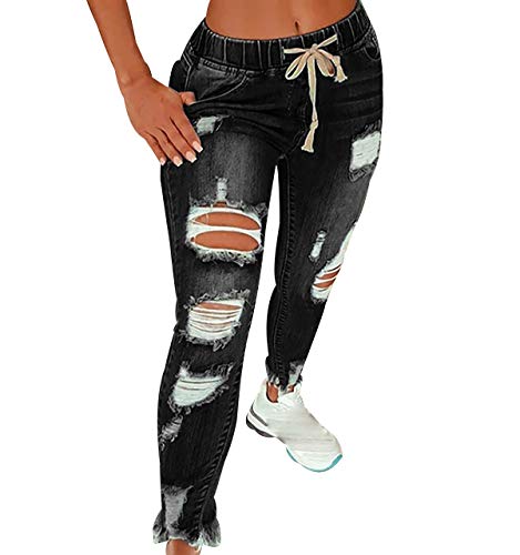 High Waist Ripped Jeans Damen Jeanshosen Damen Löcher Skinny Jeans Hose Damen Zerrissene Denim Jeans Relaxed Damen Stretch Slim Fit Gerissene Kaputte Hose Jeans Leggings Frauen Große Größe Schwarz XL von Peuignao