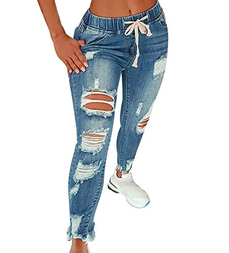 High Waist Ripped Jeans Damen Jeanshosen Damen Löcher Skinny Jeans Hose Damen Zerrissene Denim Jeans Relaxed Damen Stretch Slim Fit Gerissene Kaputte Hose Jeans Leggings Frauen Große Größe Blau L von Peuignao