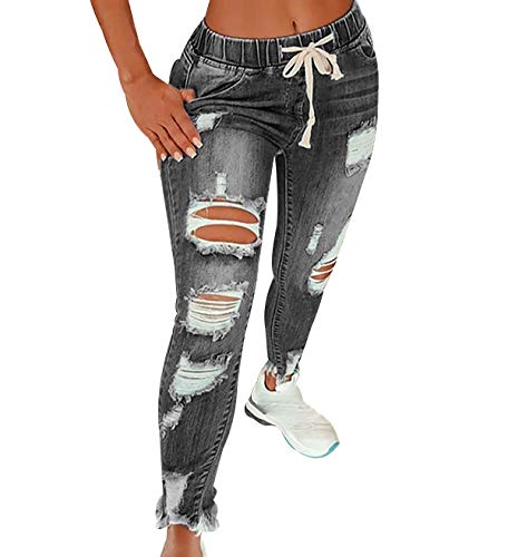 High Waist Ripped Jeans Damen Jeanshosen Damen Löcher Skinny Jeans Hose Damen Zerrissene Denim Jeans Relaxed Damen Stretch Slim Fit Gerissene Kaputte Hose Jeans Leggings Frauen Große Größe Grau XL von Peuignao