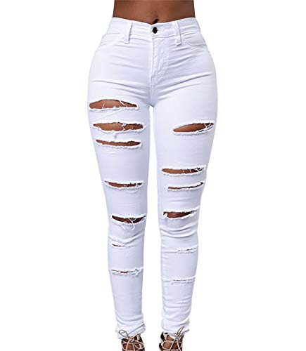 High Waist Ripped Jeans Damen Jeanshosen Damen Löcher Skinny Jeans Hose Damen Zerrissene Destroyed Denim Jeans Relaxed Damen Stretch Enge Slim Fit Gerissene Jeans Leggings Zerrissen Frauen Weiß L von Peuignao