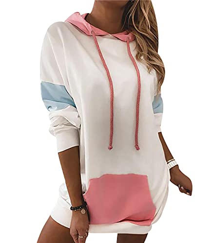 Hoodie Kleid Damen Oversize Long Kapuzen Sweatshirt Kleider Damen Hoodies für Damen Langer Pullover Hoodys Frauen Hoody Damen Mit Kapuze Kapuzenpullover Übergroßer Pulli Damen Lässiger Sweat Weiß M von Peuignao