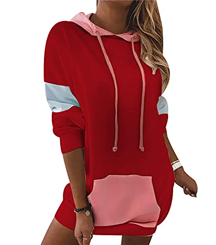 Hoodie Kleid Damen Oversize Long Kapuzen Sweatshirt Kleider Damen Hoodies für Damen Langer Pullover Hoodys Frauen Hoody Damen Mit Kapuze Kapuzenpullover Übergroßer Pulli Damen Lässiger Sweat Rot S von Peuignao