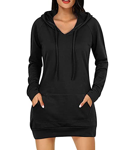 Hoodie Kleid Damen Oversize Long Kapuzen Sweatshirt Kleider Damen Langarm Hoodies für Damen Langer Pullover Hoodys Frauen Hoody Damen Mit Kapuze Kapuzenpullover Übergroßer Pulli Damen Schwarz M von Peuignao