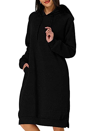 Hoodie Kleid Damen Oversize Long Kapuzen Sweatshirt Kleider Hoodies für Damen Langer Pullover Hoodys Frauen Hoody Damen Mit Kapuze Kapuzenpullover Übergroßer Pulli Damen Lässiger Übergröße Schwarz XXL von Peuignao