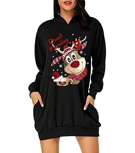 Hoodie Kleid Damen Weihnachts Oversize Long Kapuzen Sweatshirt Kleider Damen Weihnachten Hoodies für Damen Langer Christmas Pullover Hoodys Frauen Hoody Damen Mit Kapuze Kapuzenpullover Schwarz 3XL von Peuignao