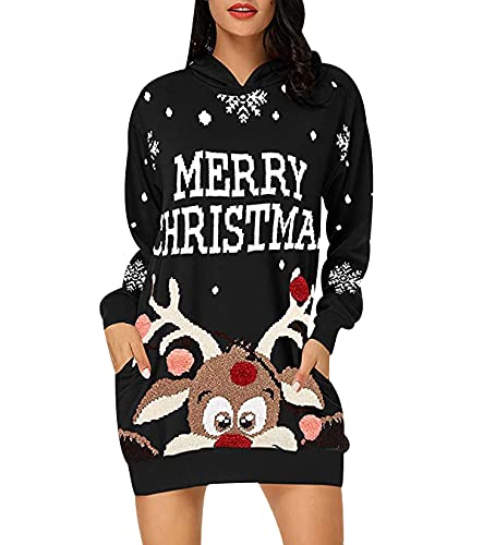 Hoodie Kleid Damen Weihnachts Oversize Long Kapuzen Sweatshirt Kleider Damen Weihnachten Hoodies für Damen Langer Christmas Pullover Hoodys Frauen Hoody Damen Mit Kapuze Kapuzenpullover Schwarz S von Peuignao