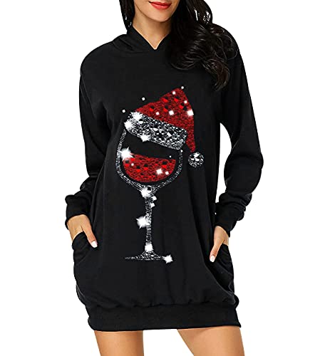 Hoodie Kleid Damen Weihnachts Oversize Long Kapuzen Sweatshirt Kleider Damen Weihnachten Hoodies für Damen Langer Christmas Pullover Hoodys Frauen Hoody Damen Mit Kapuze Kapuzenpullover Schwarz XL von Peuignao