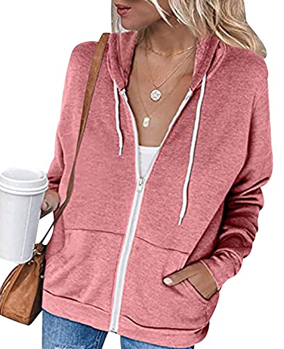 Kapuzen Sweatjacke Damen Zip Hoodie Jacke Damen Reißverschluss Oversize Hooded Sweatshirt Kapuzenjacke Damen Oversized Zipped Hoodies für Damen Hoody Jacke Damen Mit Kapuze Zipper Hoodys Frauen Rosa L von Peuignao