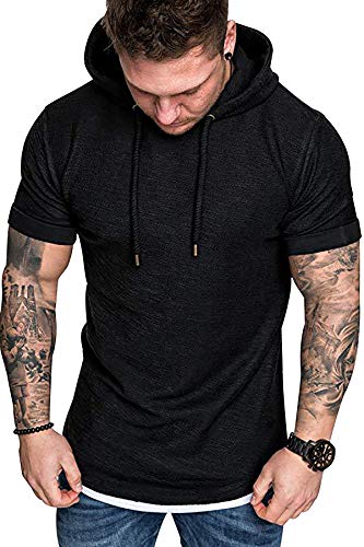 Kapuzen T-Shirt Herren Kurzarm Hoodie Herren T Shirt Herren Kapuze Hoody Kurzarm Männer Hoodies Kurzarm Kapuzenpullover Herren Overzised T Shirts Männer Slim Fit T-Shirt Fitness Übergrößen Schwarz 3XL von Peuignao