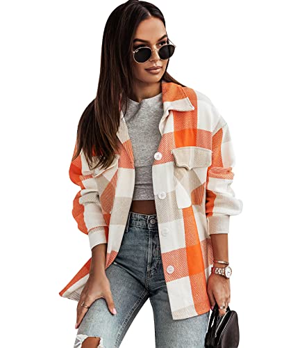 Karierte Hemdjacke Damen Kariert Kariertes Hemd Damen Shacket Hemd Jacke Flanell Damen Oversized Karo Hemdjacke Damen Flannel Plaid Hemd Karriert Frauen Vintage Casual Hemd Locker Damen Orange L von Peuignao