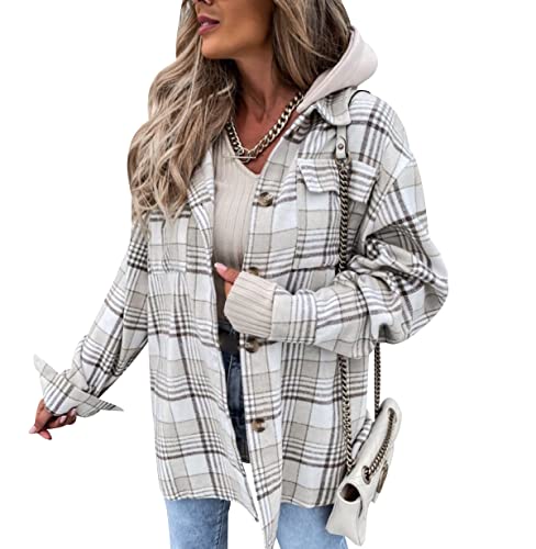 Karierte Hemdjacke Damen Kariert Kariertes Hemd Kapuze Damen Shacket Hemd Jacke Flanell Damen Oversized Karo Hemdjacke Damen Flannel Plaid Hemd Karriert Frauen Frühling Casual Hemd Locker Damen Weiß S von Peuignao