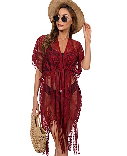 Kimono Cardigan Damen Spitze Fransen Lang Bikini Cover Up Strandponcho Poncho Strand Cardigan Kimono Damen Swim Cover Up Beach Swimsuit Cover Ups Badeanzug Cover-Up Große Größen Strand-Poncho Rot von Peuignao