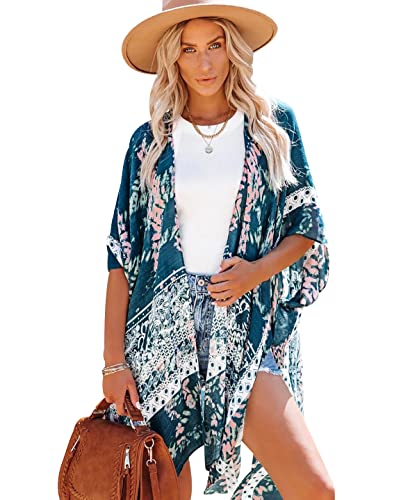 Kimono Cardigans for Women Plus Size Ladies Long Chiffon Kimono Cardigan Floral Kimono Damen Strand Bathing Suit Bikini Cover Up Bohemian Cardigan Pool Swim Beach Swimsuit Cover Up for Women Blau von Peuignao