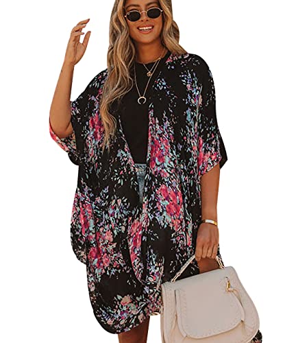 Kimono Cardigans for Women Plus Size Ladies Long Chiffon Kimono Cardigan Floral Kimono Damen Strand Bathing Suit Bikini Cover Up Bohemian Cardigan Pool Swim Beach Swimsuit Cover Up for Women Schwarz von Peuignao