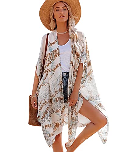Kimono Cardigans for Women Plus Size Ladies Long Chiffon Kimono Cardigan Floral Kimono Damen Strand Bathing Suit Bikini Cover Up Bohemian Cardigan Pool Swim Beach Swimsuit Cover Up for Women Weiß von Peuignao