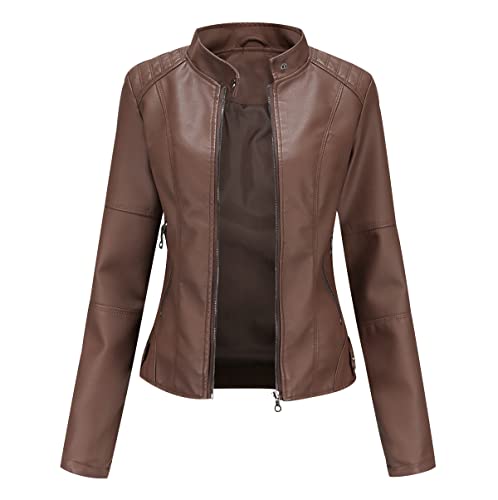 Kunstlederjacke Damen Bikerjacke Biker Faux Lederjacke Damen Kunstleder Pu Jacke Damen Leder Faux Leather Jacket for Women Pu Lederjacke Stehkragen Frauen Leder Imitation Jacke Damen Kaffee M von Peuignao