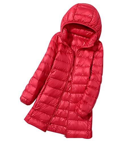 Lange Leichte Daunenjacke Damen Steppjacke Lang Puffer Jacke Mantel Langer Daunenmantel Leichter Steppmantel Down Jacket Women Gesteppte Jacke Ultraleichte Rot von Peuignao