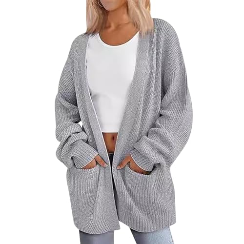 Lange Strickjacke Damen Long Cardigan Frauen Lang Strickjacken Grobstrickjacke Oversize Grobe Strickjacke Frauen Langer Knit Rippstrick Grobstrick Cardigan Women Strickcardigan Lang Damen Grau 3XL von Peuignao