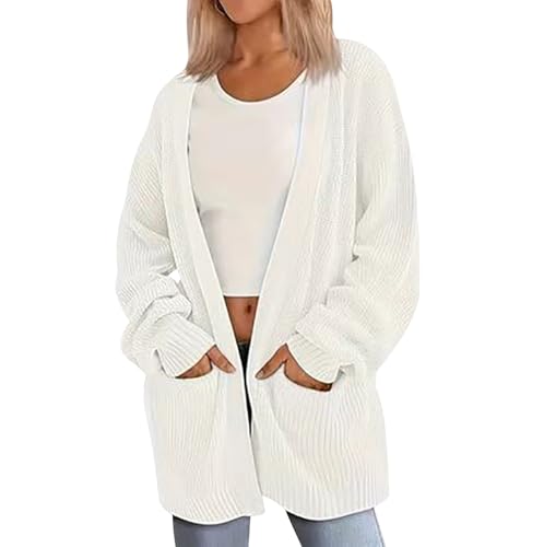 Lange Strickjacke Damen Long Cardigan Frauen Lang Strickjacken Grobstrickjacke Oversize Grobe Strickjacke Frauen Langer Knit Rippstrick Grobstrick Cardigan Women Strickcardigan Lang Damen Weiß L von Peuignao