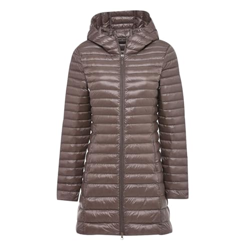 Leichte Daunenjacke Damen Lang Lange Ultraleichte Daunen Steppjacke Langer Daunenmantel Damen Leicht Puffer Jacket Damen mit Kapuze Down Jacket Women Dünne Daunenjacke Puffer Mantel Damen Khaki XL von Peuignao