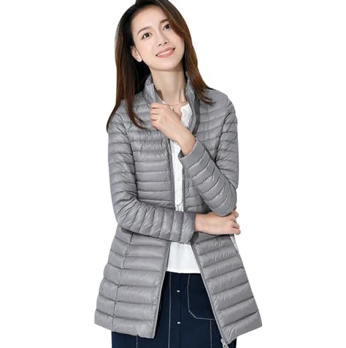 Leichte Daunenjacke Damen Lang Lange Ultraleichte Daunen Steppjacke Langer Daunenmantel Damen Leicht Puffer Jacket Damen mit Kapuze Down Jacket Women Dünne Warme Daunenjacke Puffer Mantel Damen Grau L von Peuignao