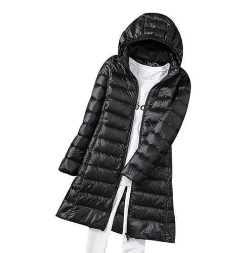 Leichte Daunenjacke Damen Lang Lange Ultraleichte Daunen Steppjacke Langer Daunenmantel Damen Leicht Puffer Jacket Damen mit Kapuze Winter Down Jacket Women Dünne Warme Puffer Mantel Damen Schwarz 3XL von Peuignao