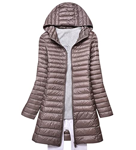 Leichte Daunenjacke Damen Lang Packbar Puffer Jacke Steppjacke Federleichte Daunenmantel Puffer Mantel Steppmantel Winter Down Jacket Daunen Pufferjacke Kaputze Khaki 3XL von Peuignao