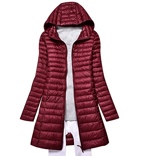 Leichte Daunenjacke Damen Lang Leicht Packbar Puffer Jacke Steppjacke Damen Federleichte Daunenmantel Damen Puffer Mantel Leichter Steppmantel Winter Down Jacket Daunen Pufferjacke Kaputze Rot 3XL von Peuignao