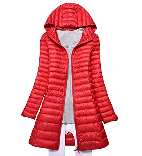 Leichte Daunenjacke Damen Lang Leicht Packbar Puffer Jacke Steppjacke Damen Federleichte Daunenmantel Damen Puffer Mantel Leichter Steppmantel Winter Down Jacket Daunen Pufferjacke Kaputze Rot L von Peuignao