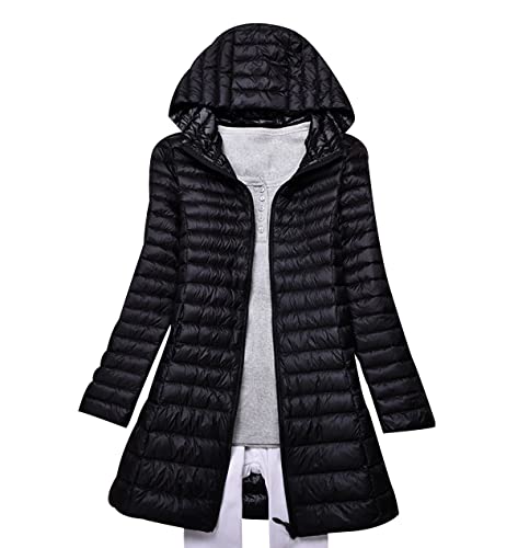Leichte Daunenjacke Damen Lang Packbar Puffer Jacke Steppjacke Federleichte Daunenmantel Puffer Mantel Steppmantel Winter Down Jacket Daunen Pufferjacke Kaputze Schwarz XL von Peuignao
