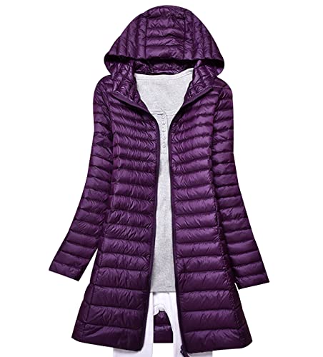 Leichte Daunenjacke Damen Lang Leicht Packbar Puffer Jacke Steppjacke Damen Federleichte Daunenmantel Damen Puffer Mantel Leichter Steppmantel Winter Down Jacket Daunen Pufferjacke Kaputze Violett XL von Peuignao