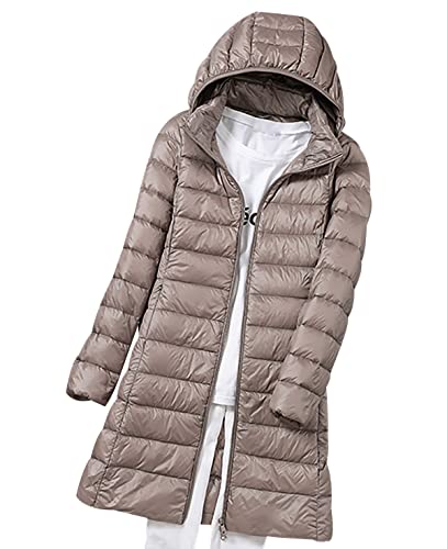 Leichte Daunenjacke Damen Lang Puffer Jacke Steppjacke Übergangsjacke Dünne Daunenmantel Puffer Mantel Steppmantel Winter Down Jacket Pufferjacke Mit Kaputze Khaki 3XL von Peuignao