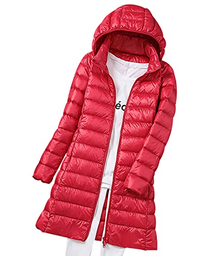 Leichte Daunenjacke Damen Lang Leicht Puffer Jacke Steppjacke Damen Übergangsjacke Dünne Daunenmantel Damen Puffer Mantel Leichter Steppmantel Winter Down Jacket Daunen Pufferjacke Kaputze Rot 3XL von Peuignao