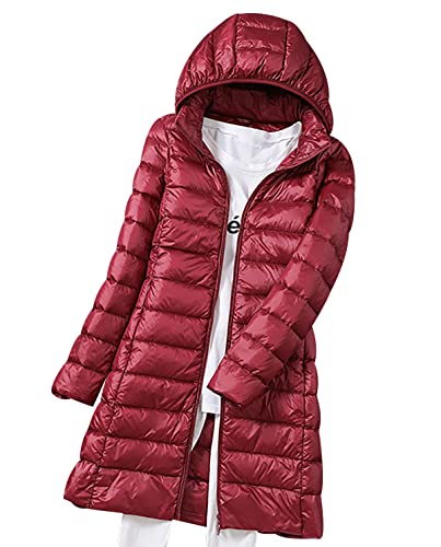 Leichte Daunenjacke Damen Lang Puffer Jacke Steppjacke Übergangsjacke Dünne Daunenmantel Puffer Mantel Steppmantel Winter Down Jacket Pufferjacke Mit Kaputze Rot 4XL von Peuignao