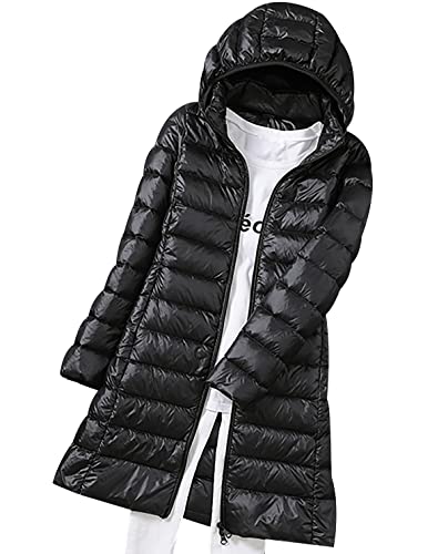 Leichte Daunenjacke Damen Lang Leicht Puffer Jacke Steppjacke Damen Übergangsjacke Dünne Daunenmantel Damen Puffer Mantel Leichter Steppmantel Winter Down Jacket Daunen Pufferjacke Kaputze Schwarz 4XL von Peuignao