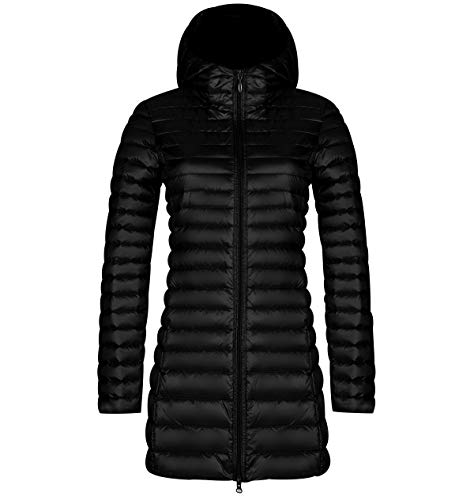 Leichte Daunenjacke Damen Lang Leichter Daunenmantel Damen Ultraleichte Daunenjacken Damen Packbar Lange Leicht Daunen Steppjacke mit Kapuze Lightweight Steppmantel Daunen Mantel Frauen Schwarz 2XL von Peuignao