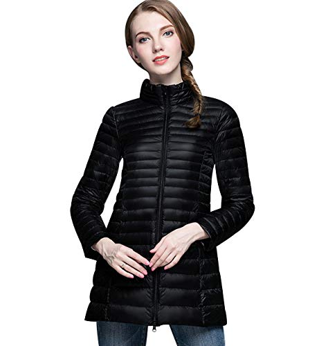 Leichte Daunenjacke Damen Lang Leichter Daunenmantel Damen Ultraleichte Daunenjacken Damen Packbar Lange Leicht Daunen Steppjacke mit Kapuze Lightweight Steppmantel Daunen Mantel Frauen Schwarz 2XL von Peuignao