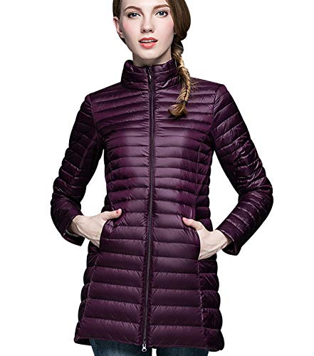 Leichte Daunenjacke Damen Lang Leichter Daunenmantel Damen Ultraleichte Daunenjacken Damen Packbar Lange Leicht Daunen Steppjacke mit Kapuze Lightweight Steppmantel Daunen Mantel Frauen Violett 2XL von Peuignao