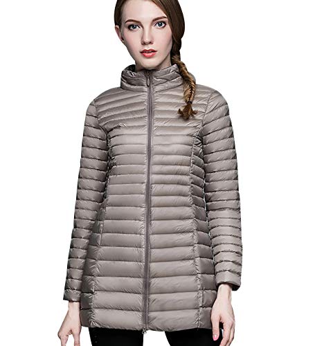 Leichte Daunenjacke Damen Lang Leichter Daunenmantel Damen Ultraleichte Daunenjacken Damen Packbar Lange Leicht Daunen Steppjacke mit Kapuze Lightweight Steppmantel Daunen Mantel Für Frauen Khaki 3XL von Peuignao