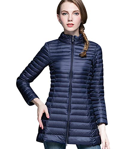 Leichte Daunenjacke Damen Lang Leichter Daunenmantel Damen Ultraleichte Daunenjacken Damen Packbar Lange Leicht Daunen Steppjacke mit Kapuze Lightweight Steppmantel Daunen Mantel Für Frauen Marine XL von Peuignao