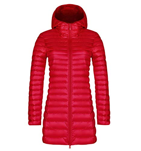 Leichte Daunenjacke Damen Lang Leichter Daunenmantel Damen Ultraleichte Daunenjacken Damen Packbar Lange Leicht Daunen Steppjacke mit Kapuze Lightweight Steppmantel Daunen Mantel Für Frauen Rot 2XL von Peuignao