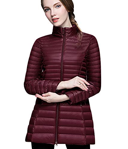 Leichte Daunenjacke Damen Lang Leichter Daunenmantel Damen Ultraleichte Daunenjacken Damen Packbar Lange Leicht Daunen Steppjacke mit Kapuze Lightweight Steppmantel Daunen Mantel Für Frauen Rot L von Peuignao
